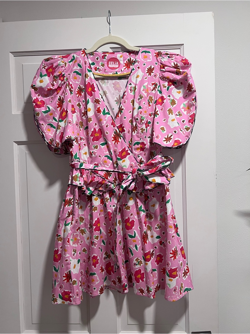 CeliaB Pink Floral Puff-Sleeve Mini Dress with Waist Tie